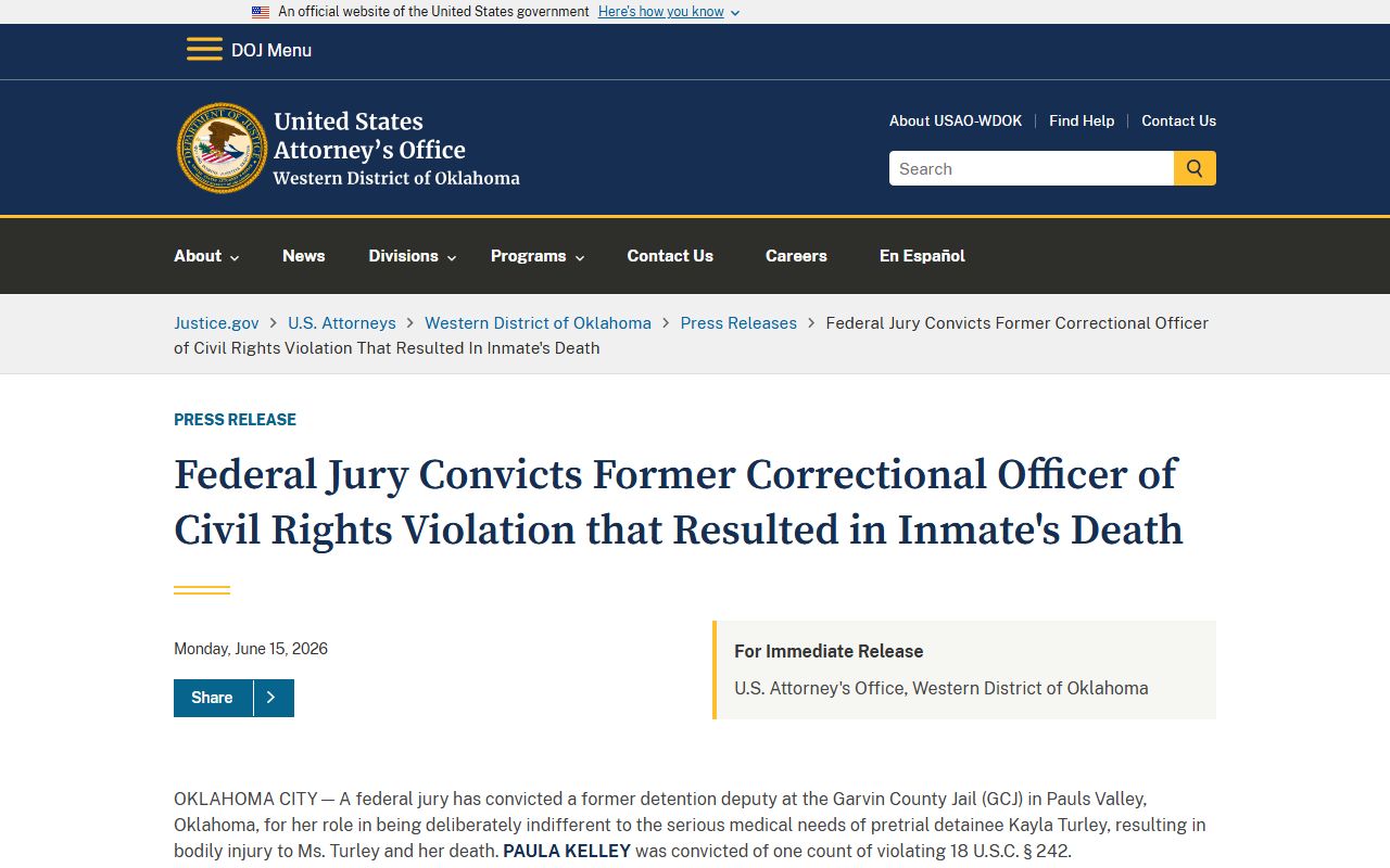 Garvin County Jail DOJ civil rights record
